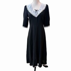 Simple Retro Women's Black Sailor Collar Midi Dress Vintage Style NWT Size S